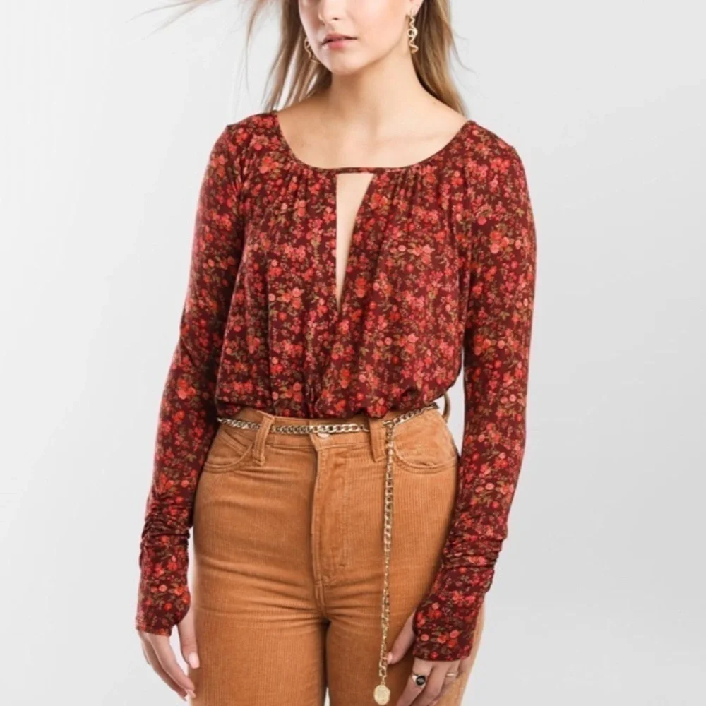 NWT Free People Kaya Floral Printed Keyhole Long Sleeve Ruched Bodysuit